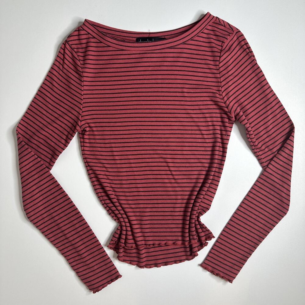 Derek Heart Striped Long Sleeve Top Medium M Ribbed Knit Lettuce Hem Grunge Y2K
